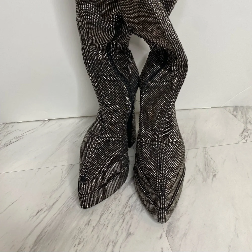Steve Madden Sultry Rhinestone Thigh High Pointy Toe Platform Heeled Boot 8 1/2